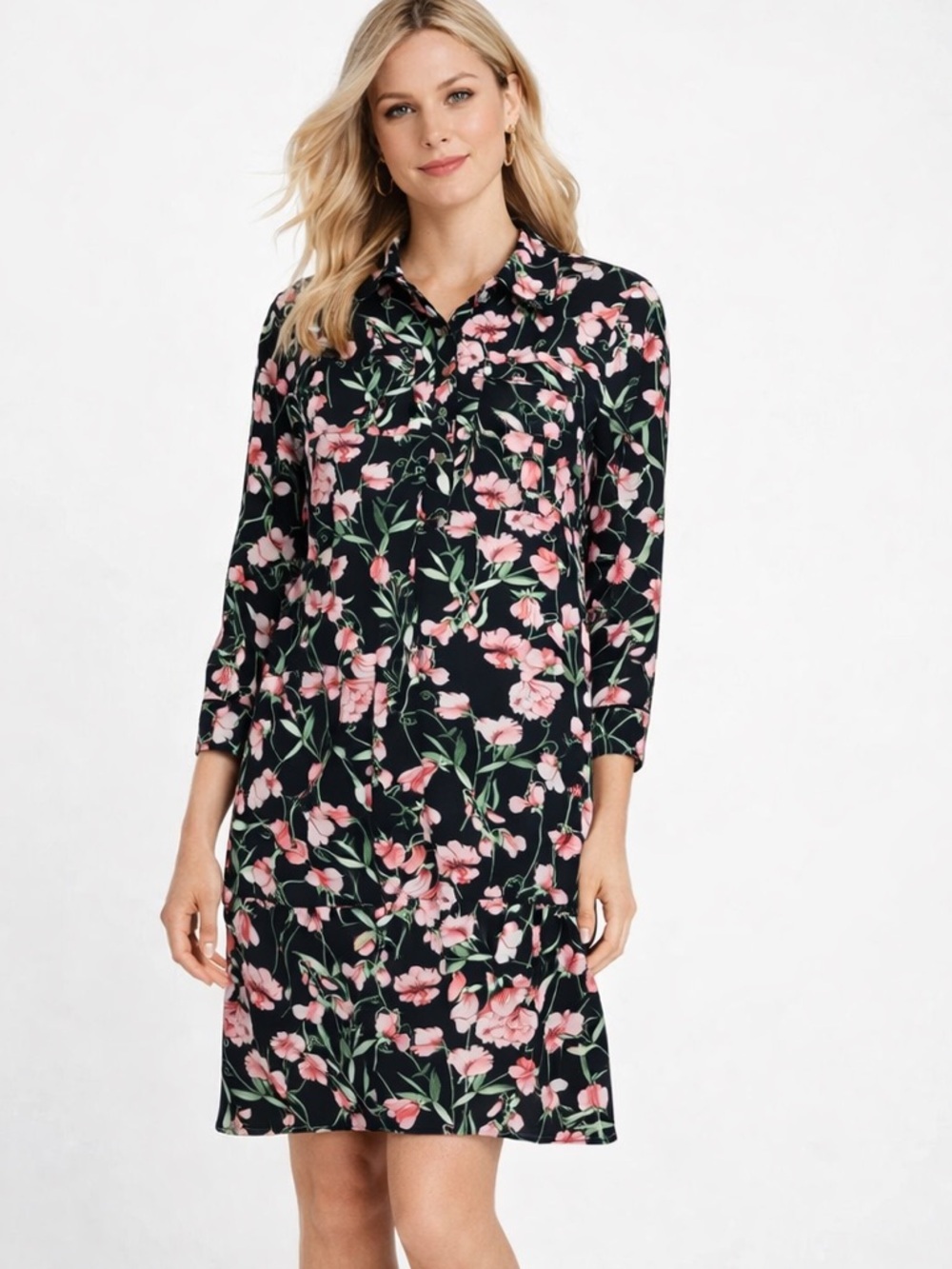 Tommy Hilfiger Black Long-Sleeve Floral Shirt Dress with Pink Blossoms